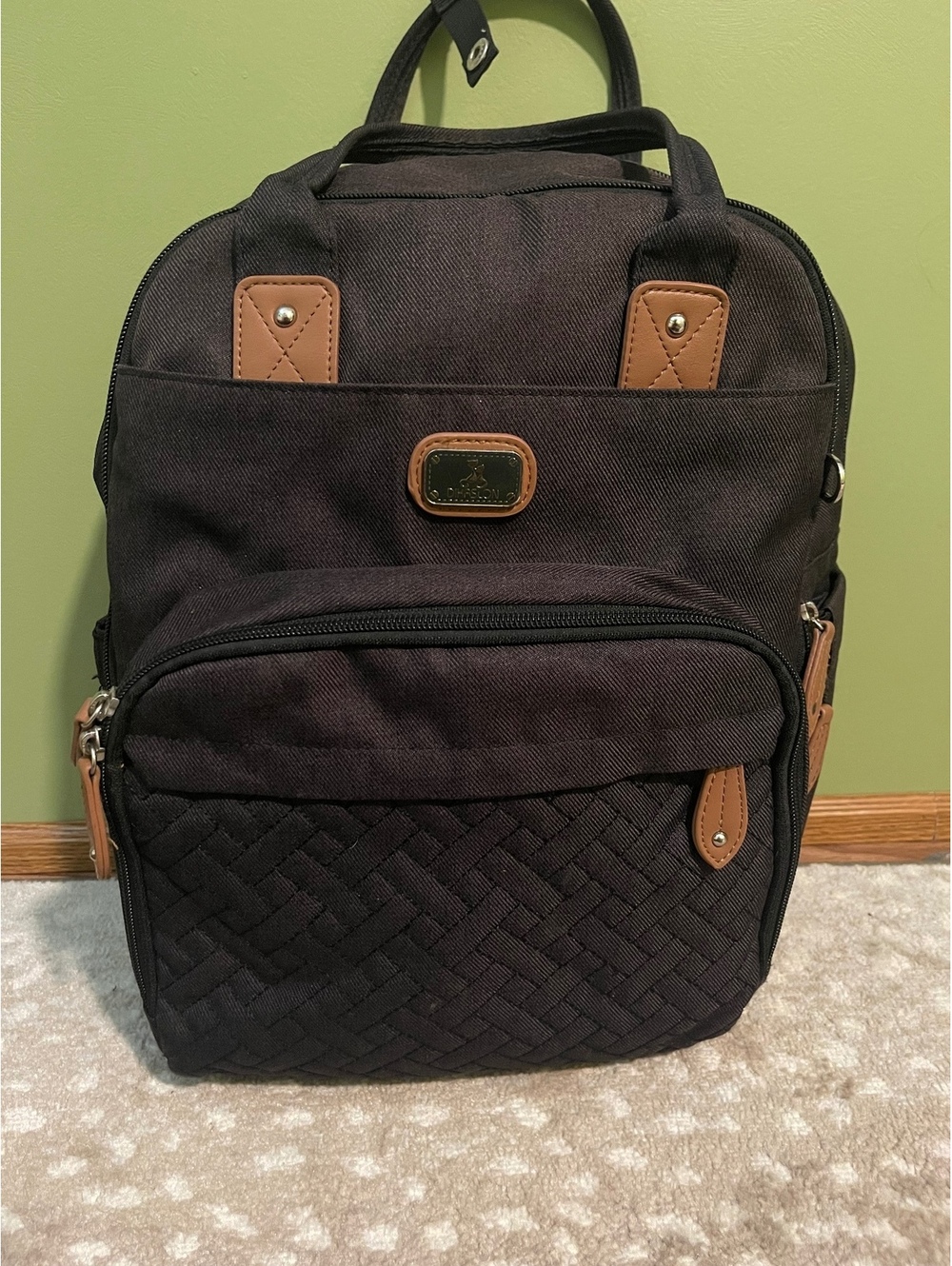 Black Backpack Diaper Bag Style Tote w/ Tan Trim Multi Pocket Dikaslon